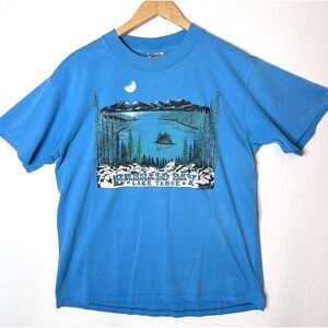 Vtg 80s Lake Tahoe T Shirt‎ XL Mountain Emerald Single Oneita Nature Artist READ
